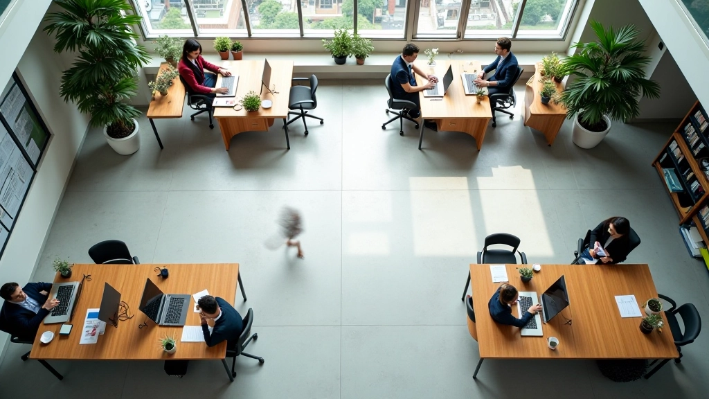Aerial view of efficient office layout with defined movement pathways, minimal dead space, organized work zones