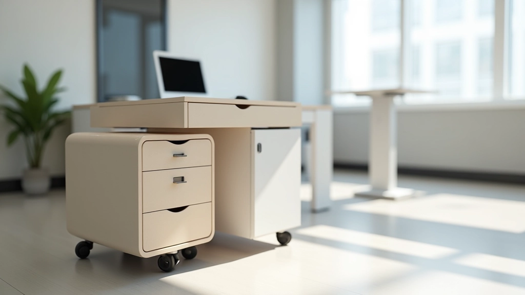 Compact office furniture with hidden storage, mobile elements, and space-saving design in tight workspace