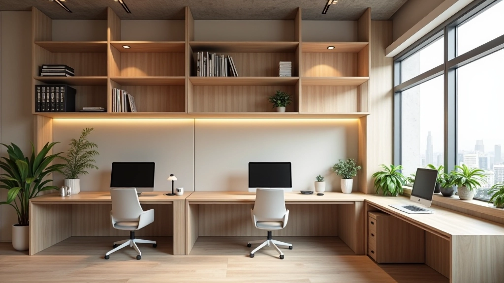 Layered workspace with vertical storage, wall-mounted elements, and multi-functional zones in small office