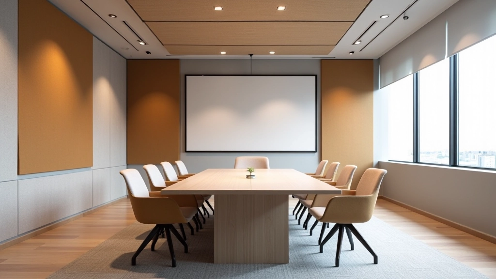 Meeting room interior showing acoustic wall panels in muted tones, fabric upholstered chairs, and sound-absorbing ceiling treatment