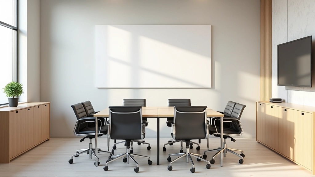 Flexible meeting space with modular furniture arrangement, movable chairs and table, wall storage, and technology integration points