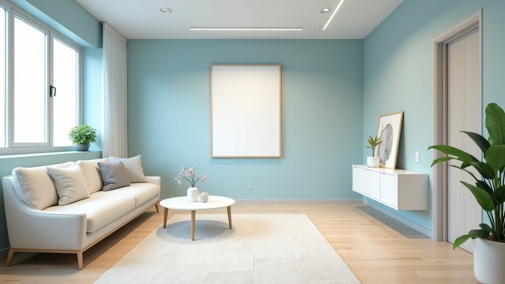 Modern office workspace with soft blue accent walls and neutral beige furniture, natural light from windows, minimalist design