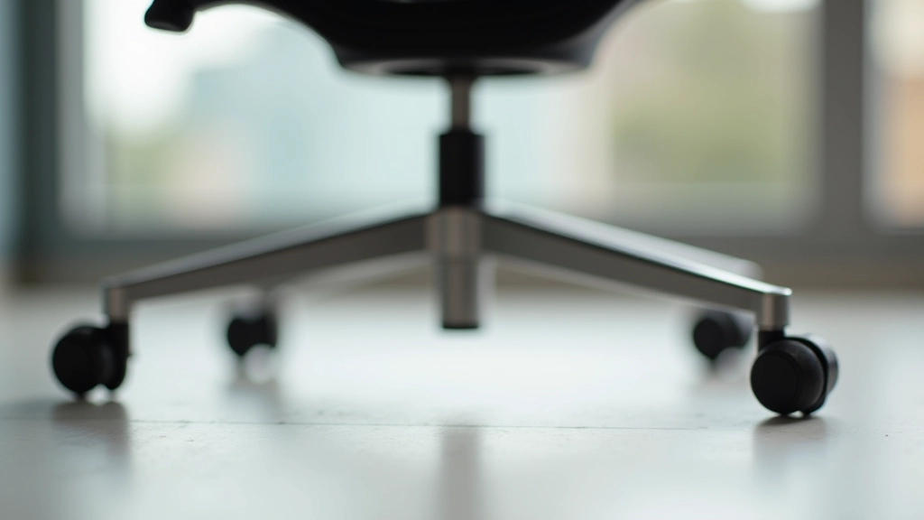 Close-up of office chair base and wheels showing sturdy aluminum construction and durable caster wheels