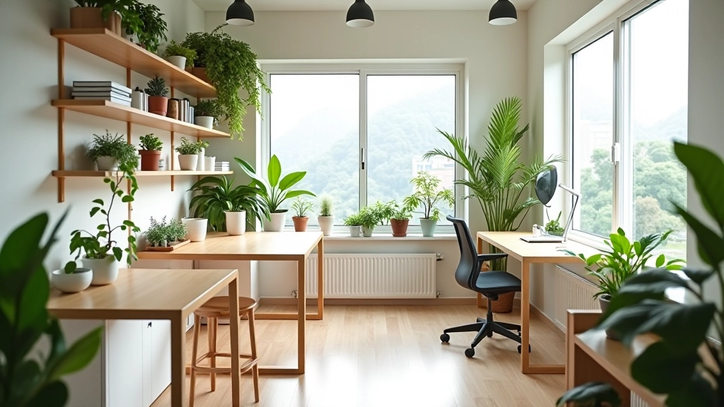 Compact coworking office layout with efficient furniture arrangement and smart storage solutions